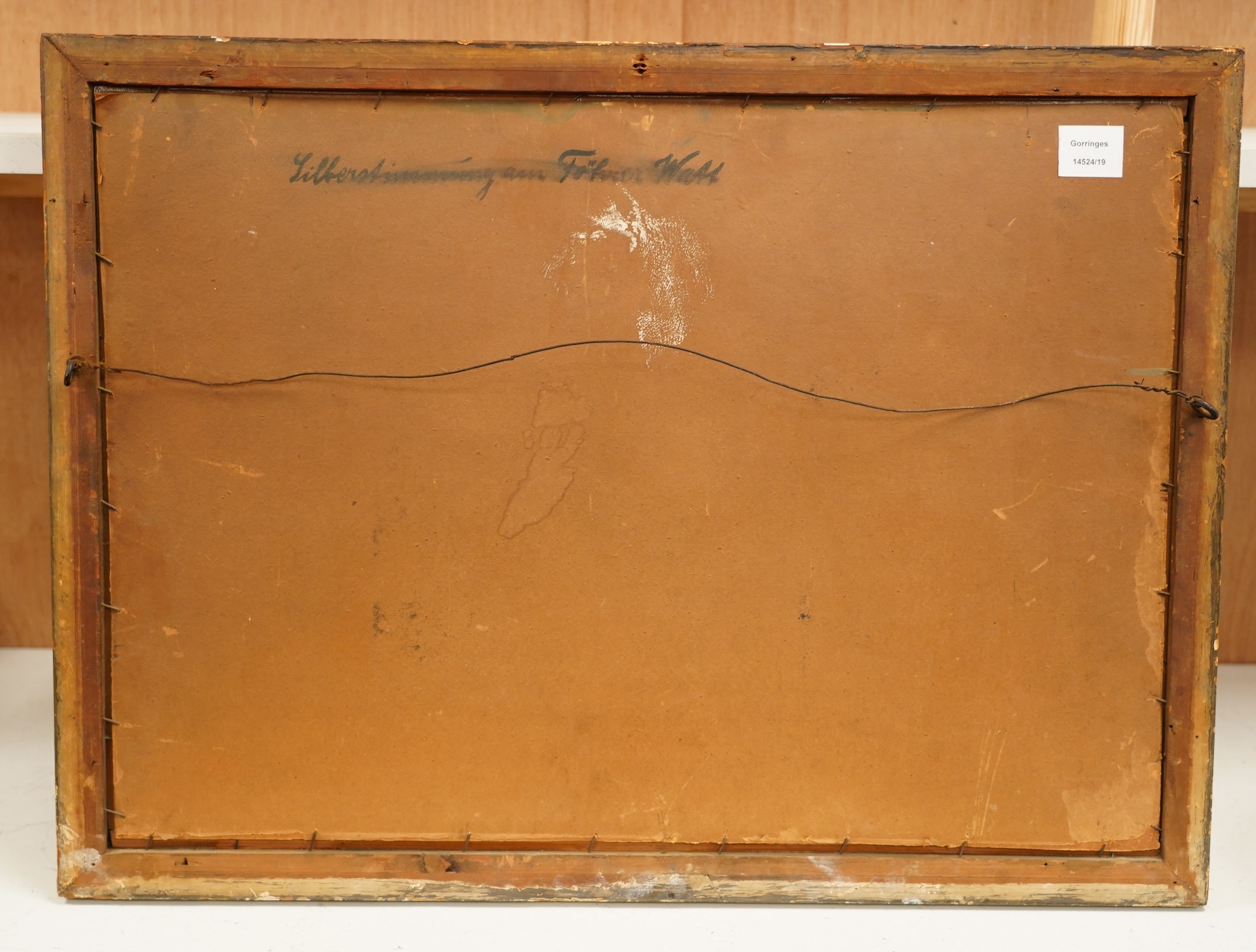 Early 20th century German School, oil on board, Seascape, indistinctly signed lower right, 46.5 x 66cm. Condition - poor to fair, surface dirt all over, losses to the frame